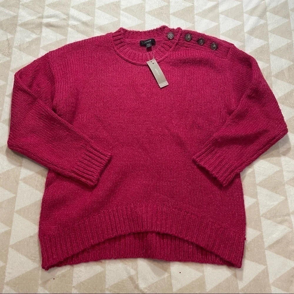 J crew button shoulder crewneck sweater brilliant raspberry Barbie